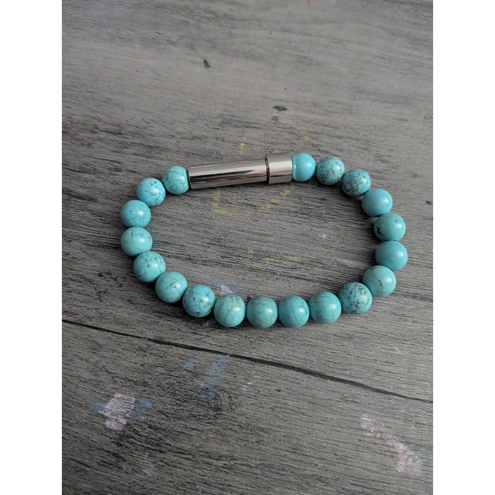 Blue Turquoise Beaded Bracelet Silver Magnetic Clasp Boho Jewelry